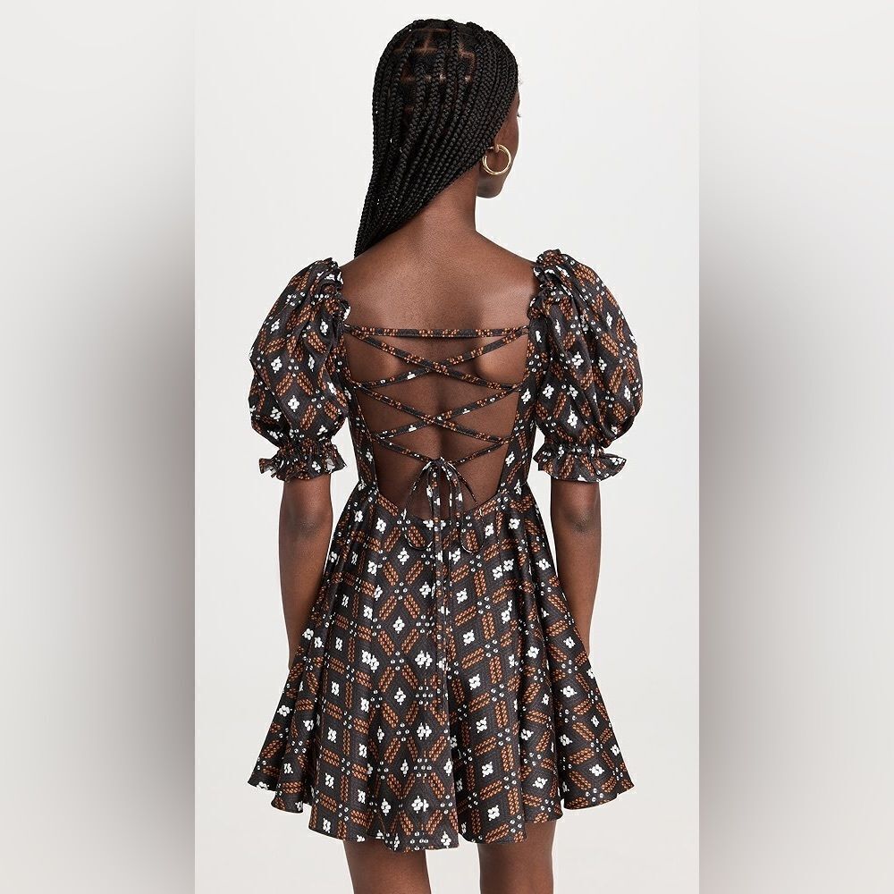 NWOT Autumn Adeigbo Camille Diamond Print Puff Sleeve Lace Up Back Mini Dress 8 - Picture 5 of 16